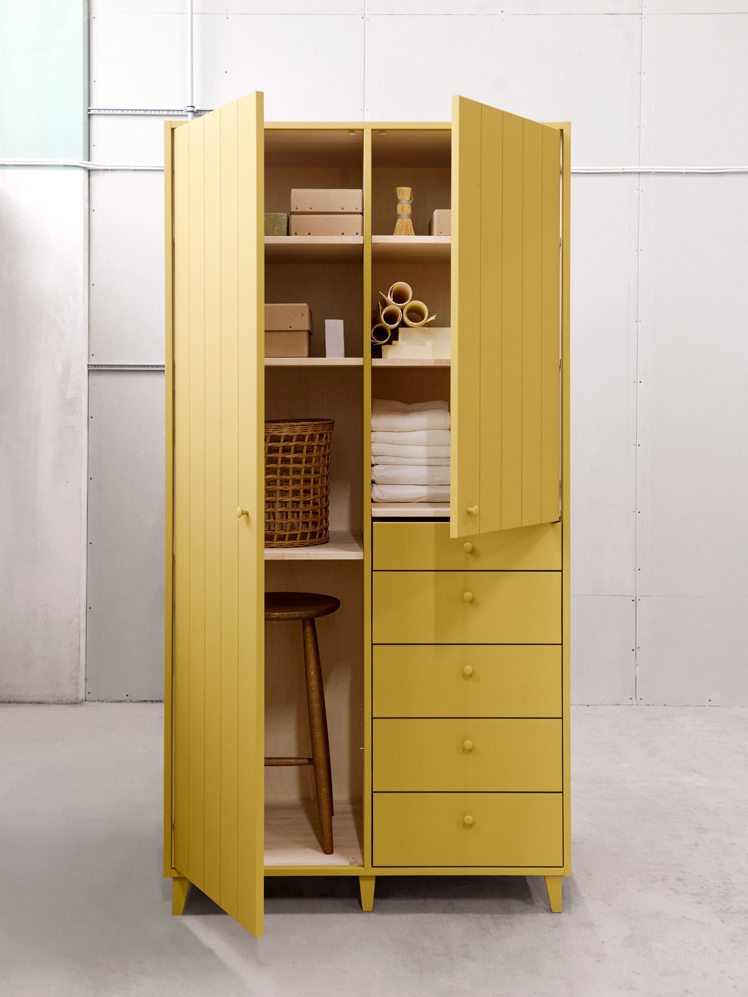 yellow wardrobe with open doors