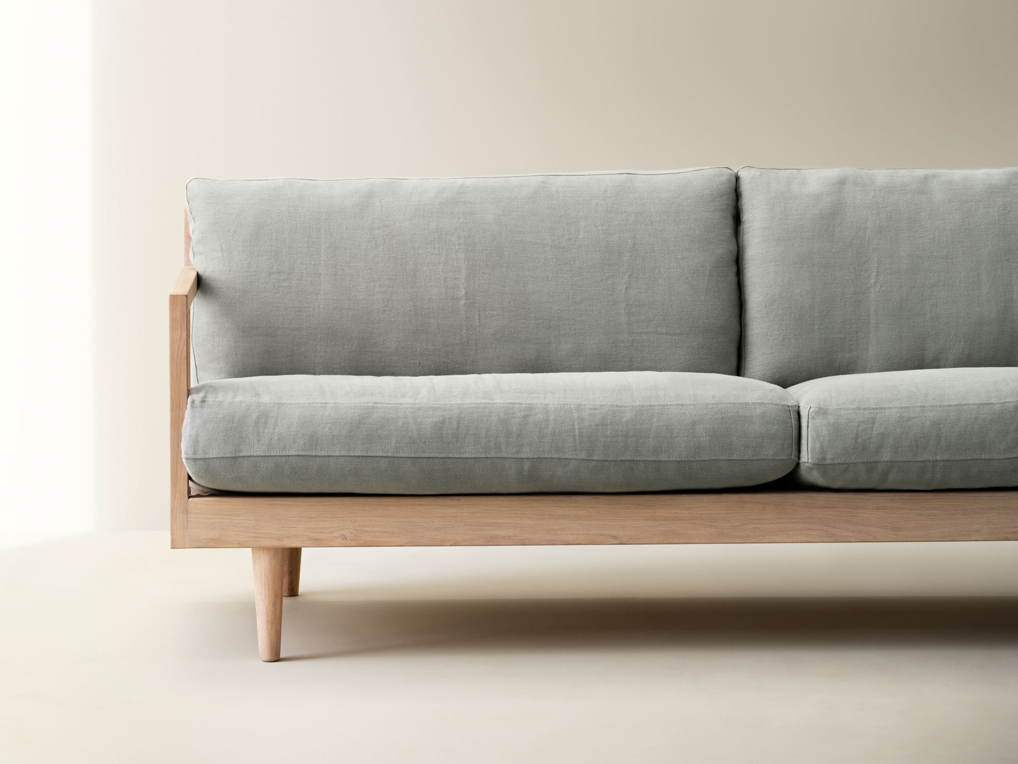 wooden sofa straight with linen upholstery